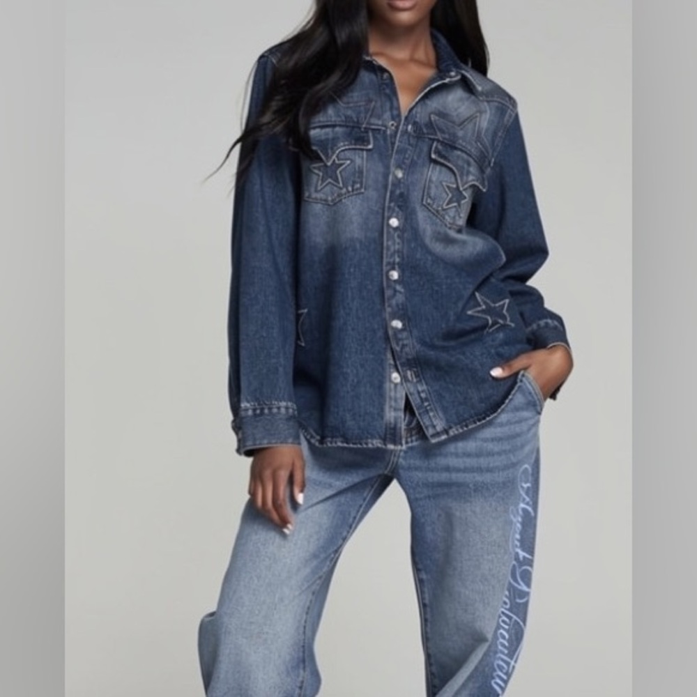 Valentino Made in Italy Star Patch Embroidered Denim Western Snap Shirt Jacket